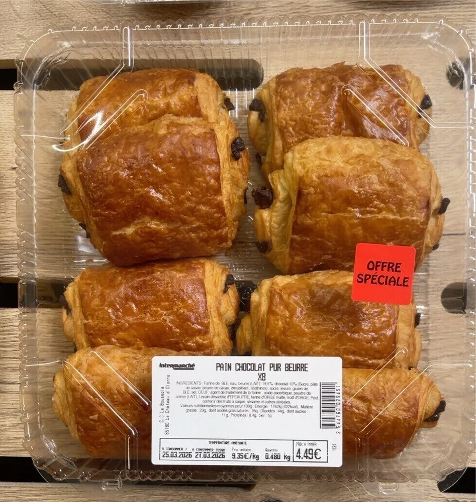 Pain au chocolat, pur, beurre x8