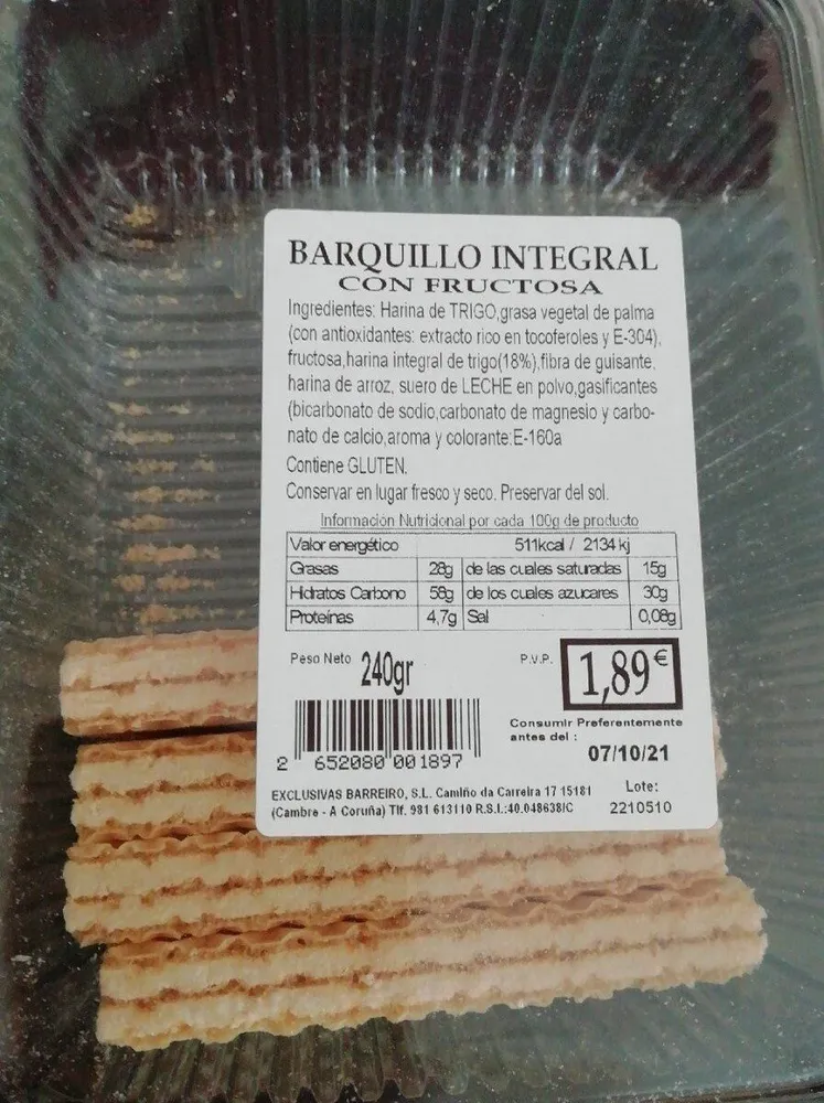 Barquillo integral con fructosa