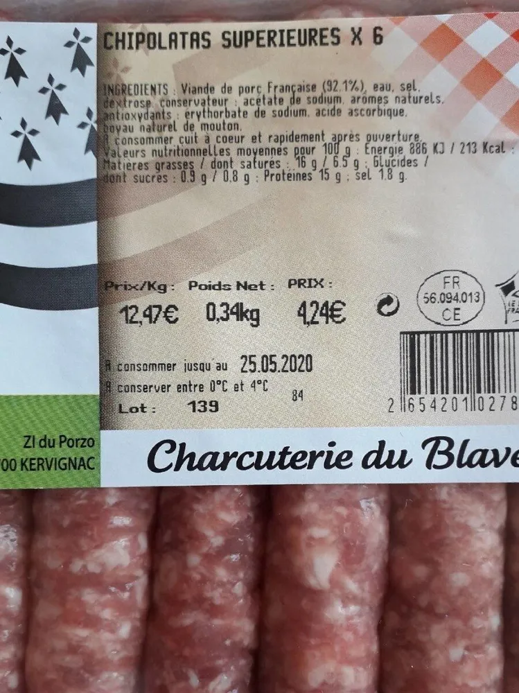 Chipolatas supérieures de porc