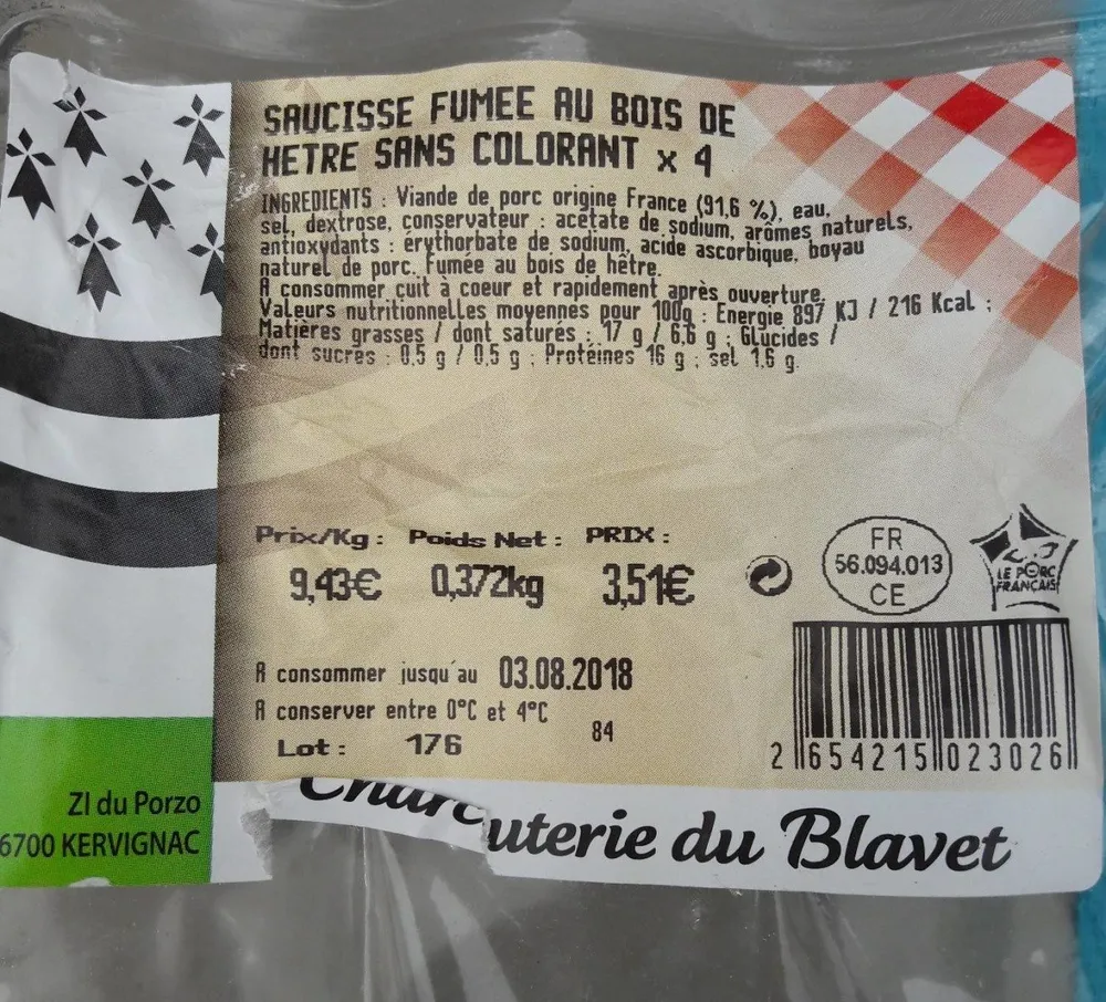 Saucisse fumée au bois de hêtre sans colorant