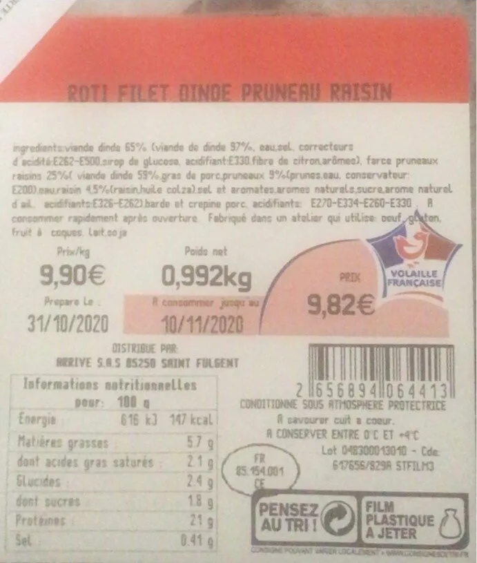 Rôti filet dinde pruneaux raisins