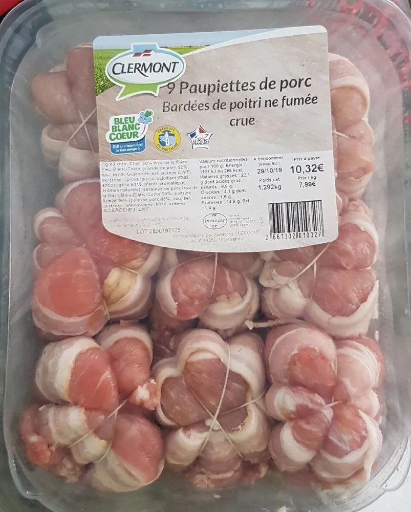 Paupiettes de porc bardées de poitrine fumée crue