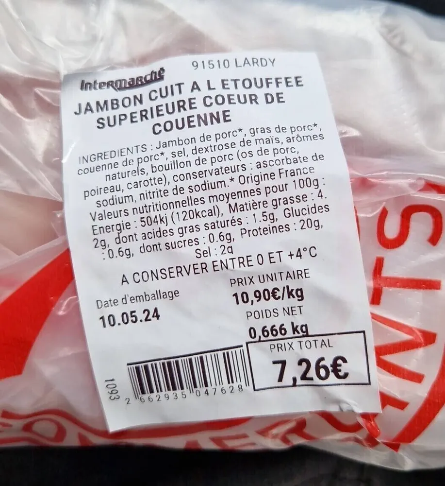 Jambon cuit à l'etouffee supérieure cœur de couenne