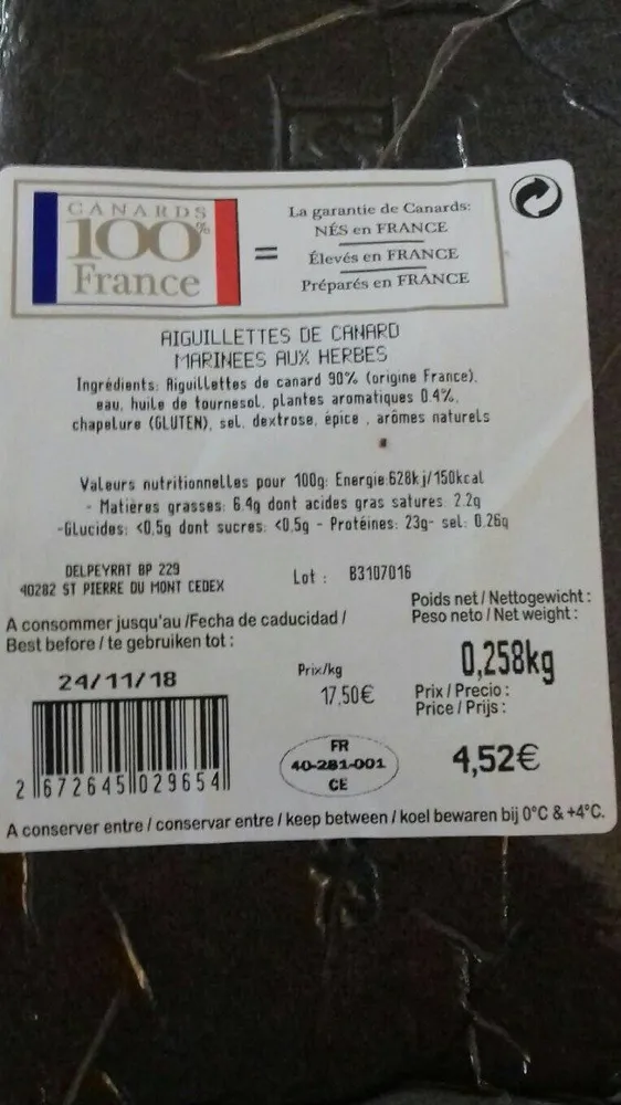 Aiguillettes de canard marinée aux herbes