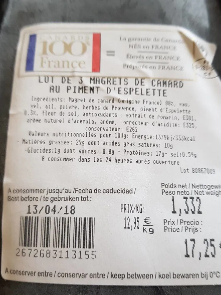 Magret de canard assaisonné au piment d'Espelette