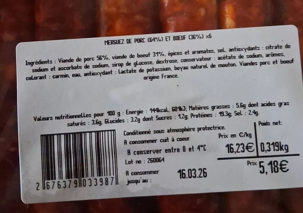 Merguez de porc et bœuf