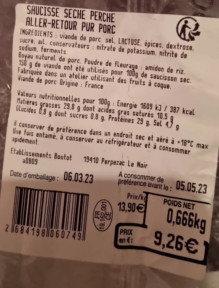 Saucisse sèche perche aller-retour pur porc