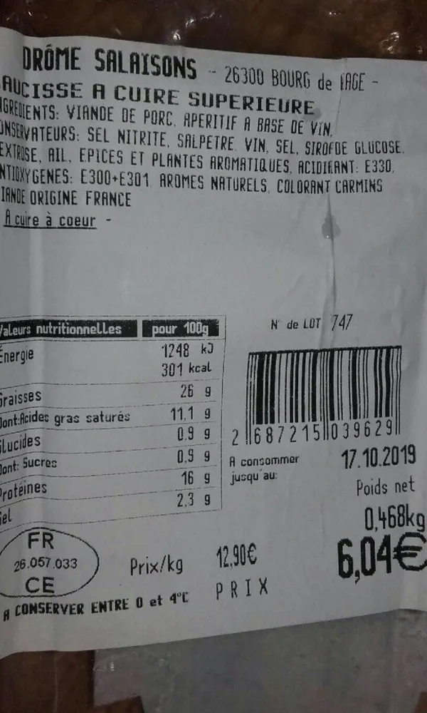 Saucisson a cuire superieur