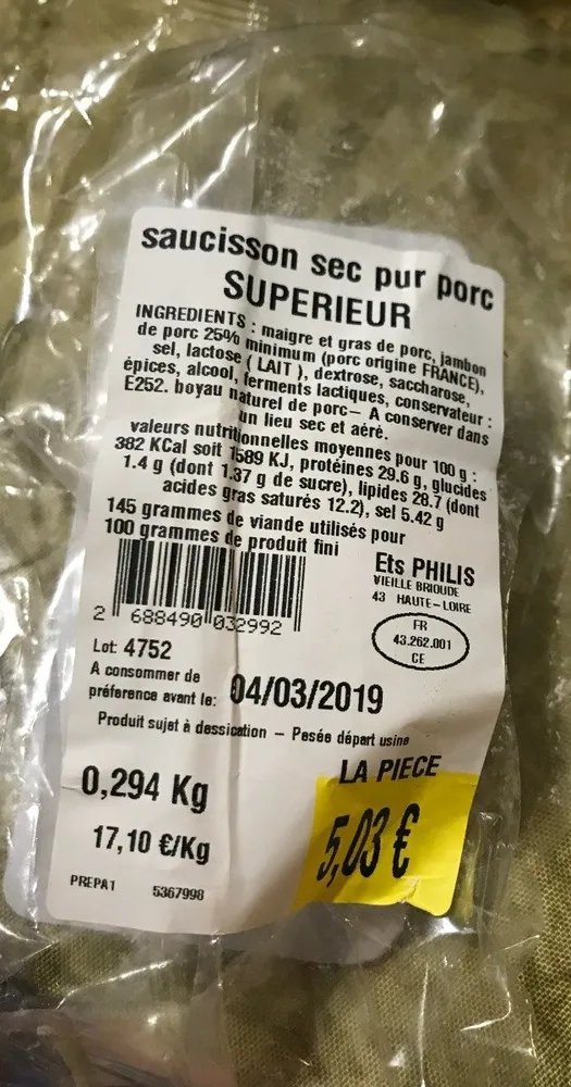 Saucisson sec superieur pur porc superieur