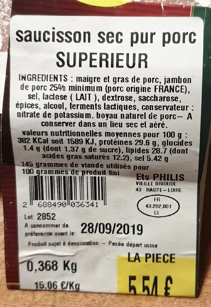 Le Supérieur saucisson sec pur porc