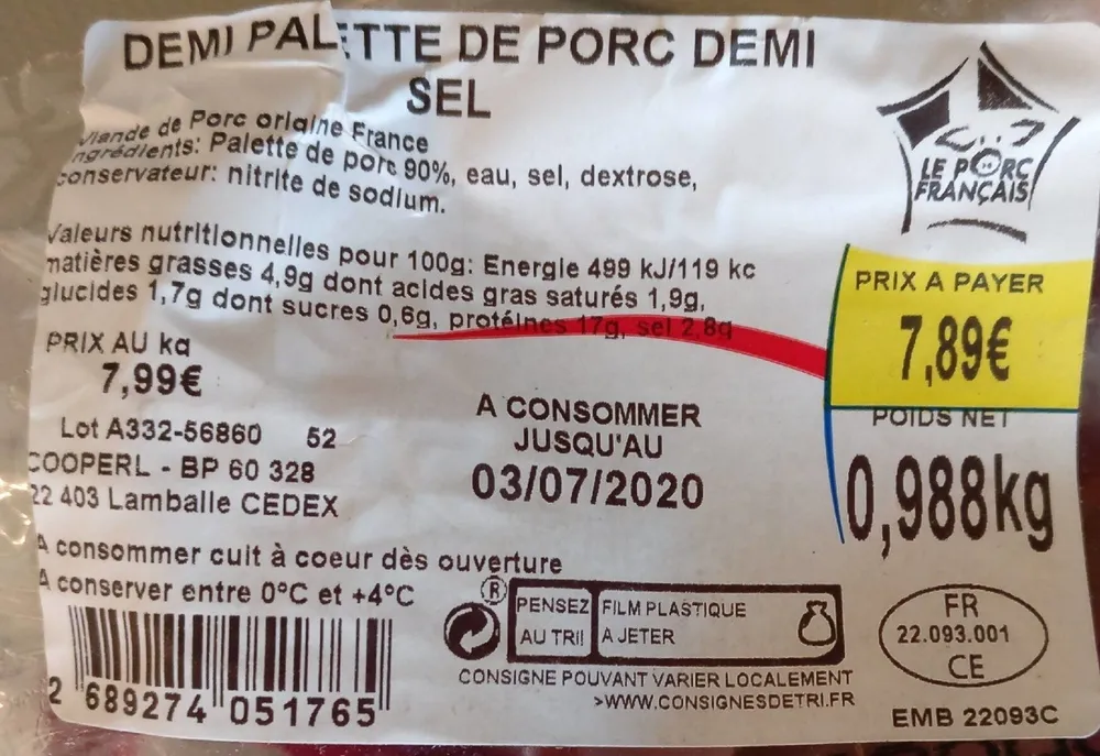 Demi Palette de porc demi sel