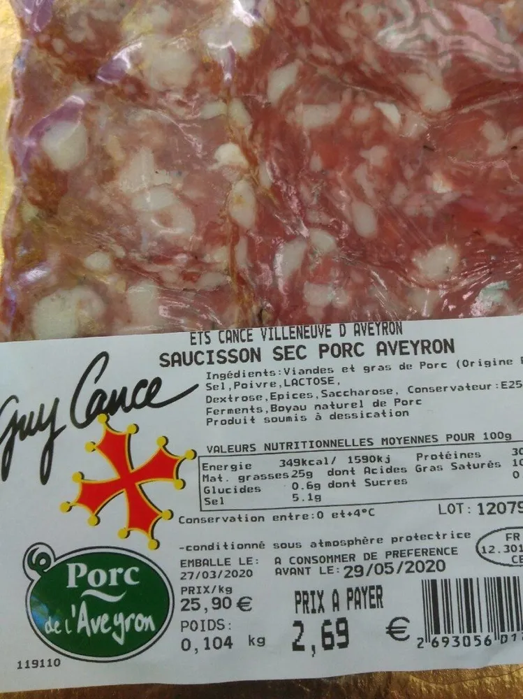 Saucisson sec porc d'Aveyron