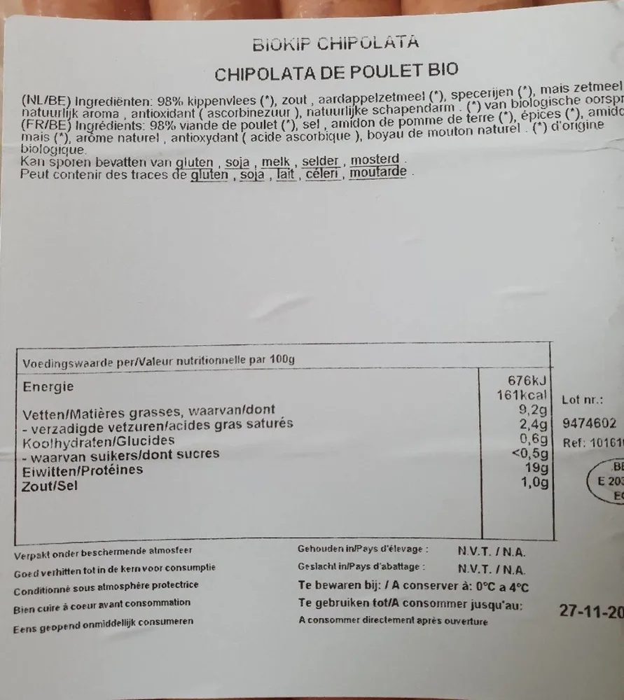 Chipolata de poulet bio
