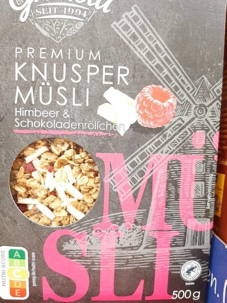 Granola premium knusper Müsli Himbeer und Schokoladenröllchen