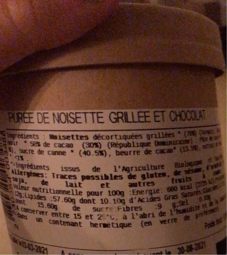 Purée de noisette grillé et chocolat