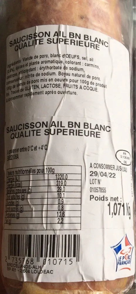 Saucisson ail bn blanc qualité supérieure