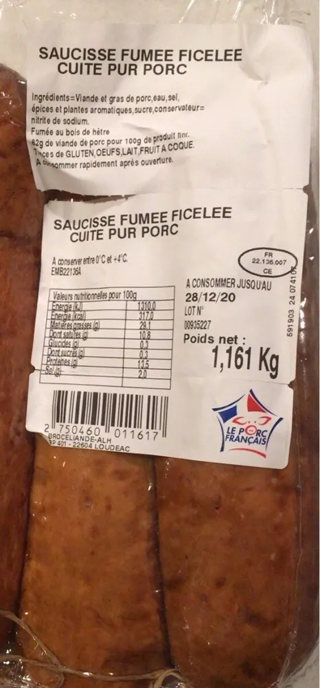 Saucisse fumée ficelée cuite pur porc