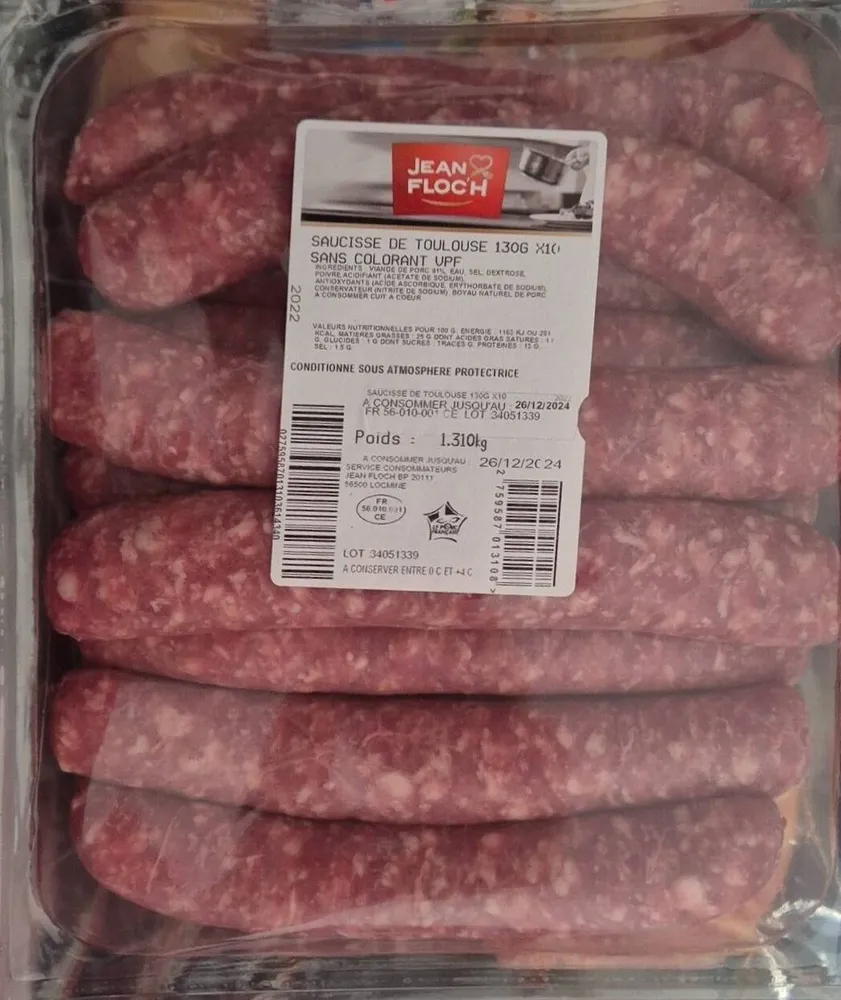 SAUCISSE DE TOULOUSE 130G X10 SANS COLORANT VPF