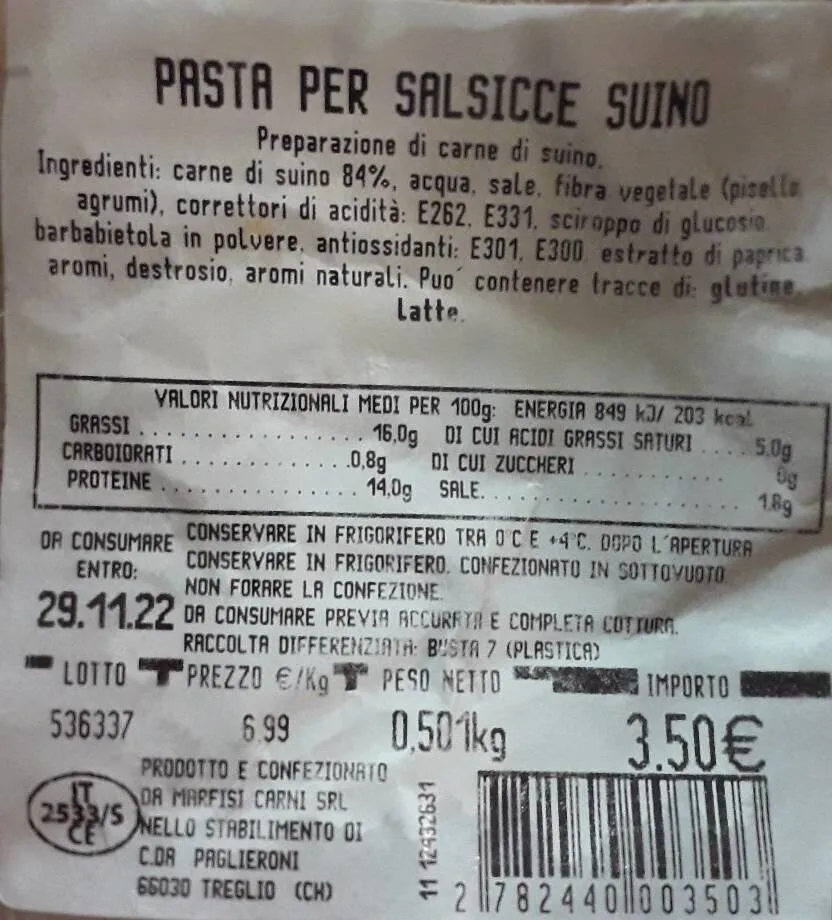 Pasta per salsicce suino