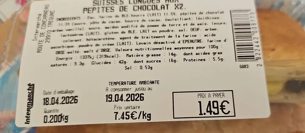 Suisses longues aux pépites de chocolat