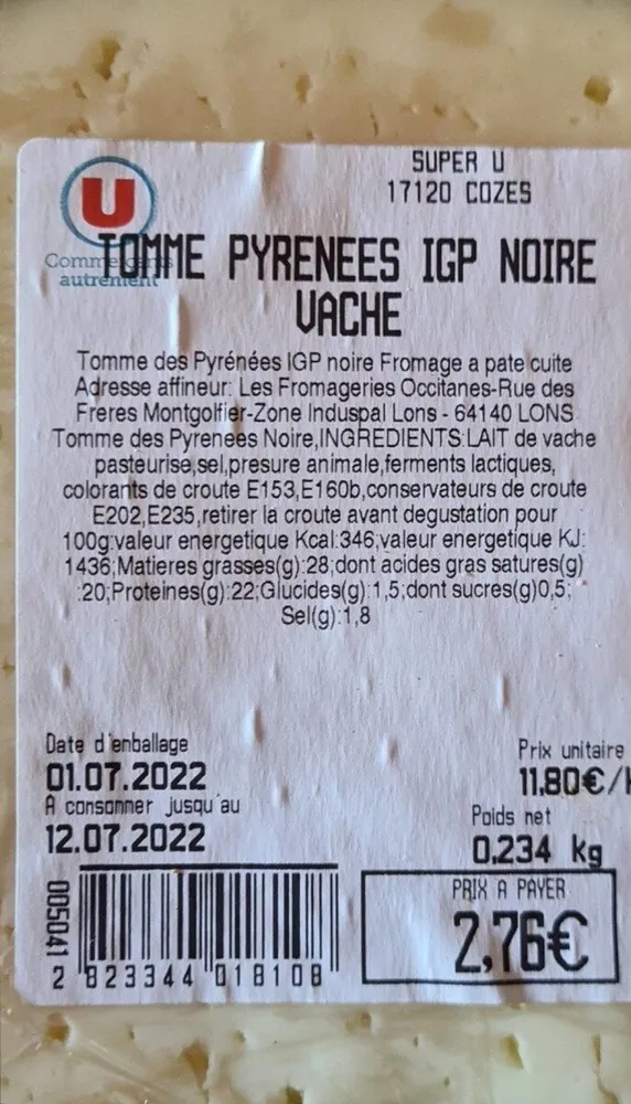 Tomme Pyrénées Igp noire vache