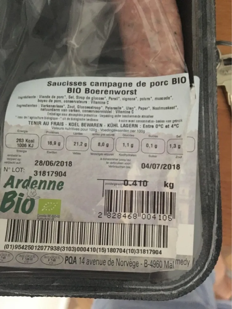 Saucisse de campagne de porc Bio