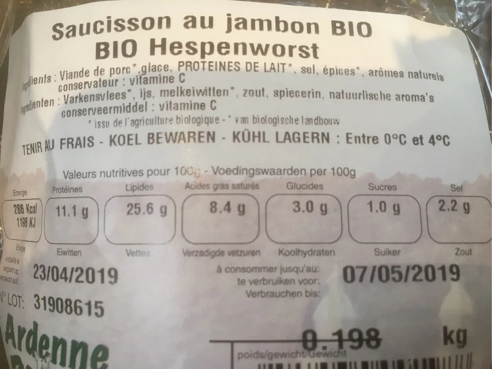 Saucisson de jambon bio
