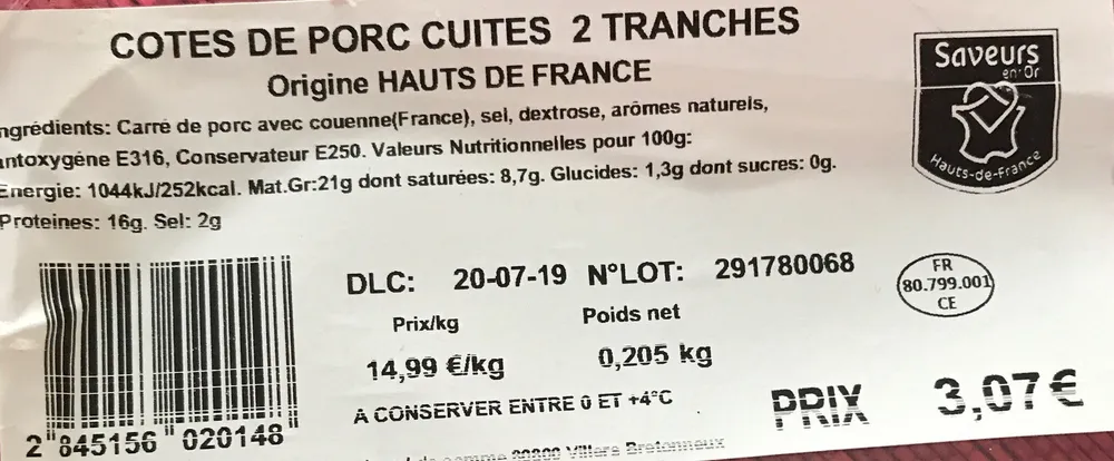 Côtes de porc cuites 2 tranches
