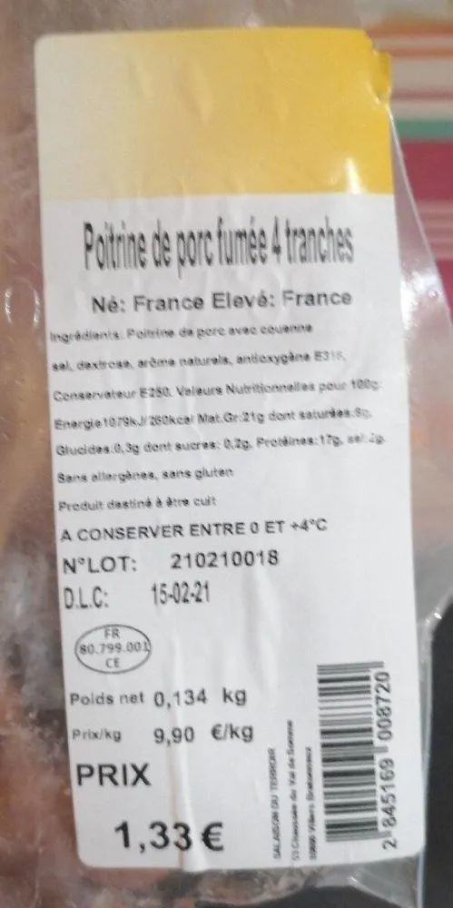 Poitrine de porc fumée tranche