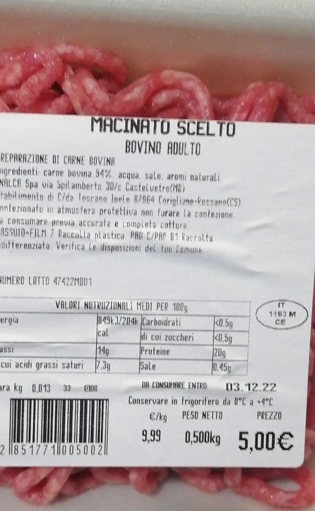 Macinato scelto di bovino adulto
