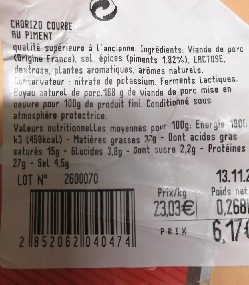 Chorizo courbe au piment