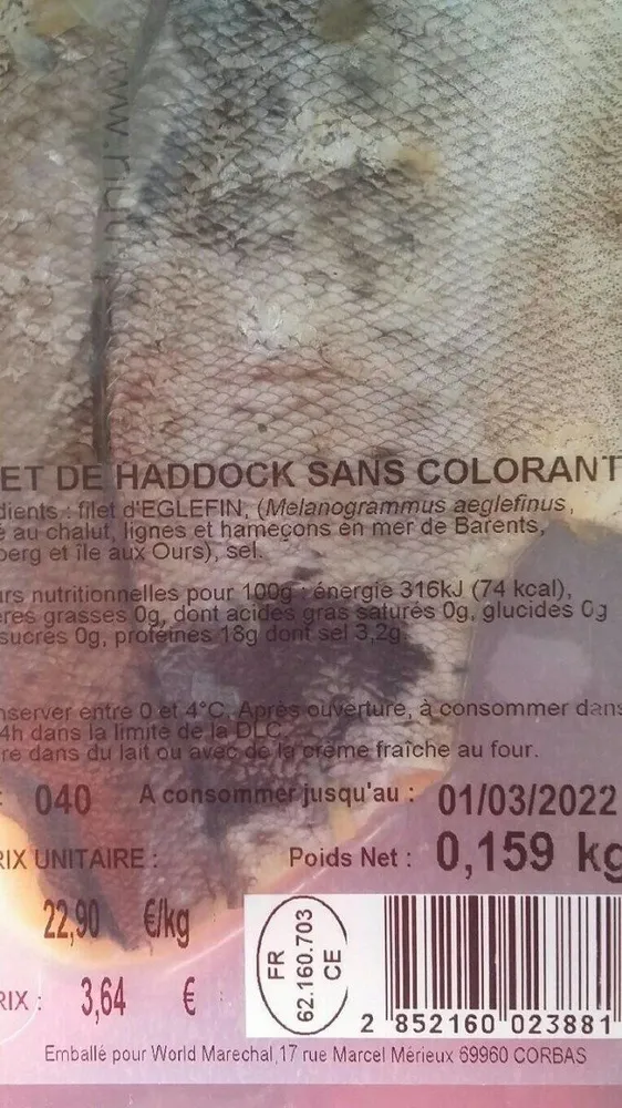 Filet haddock sans colorant