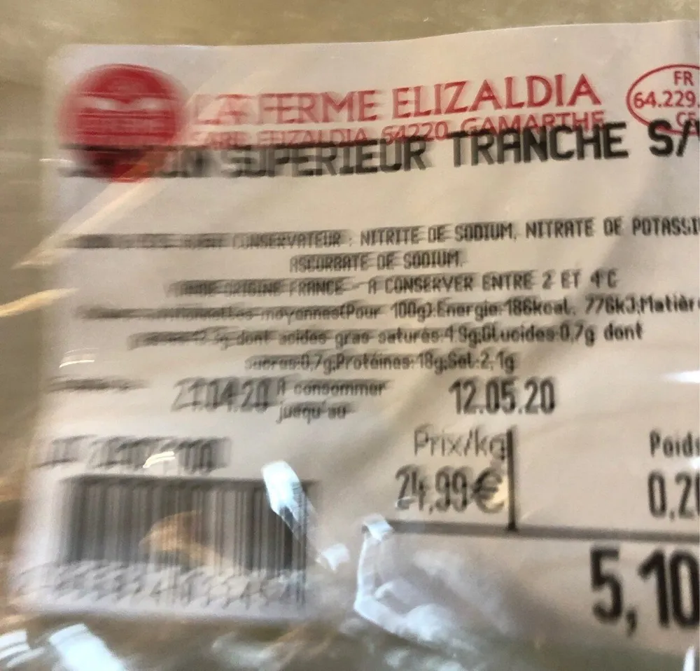 Jambon blanc supérieur tranché