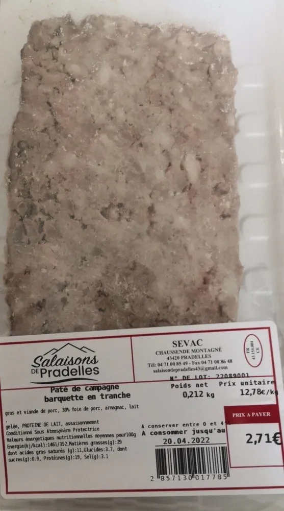 Pâté de campagne barquette en tranche