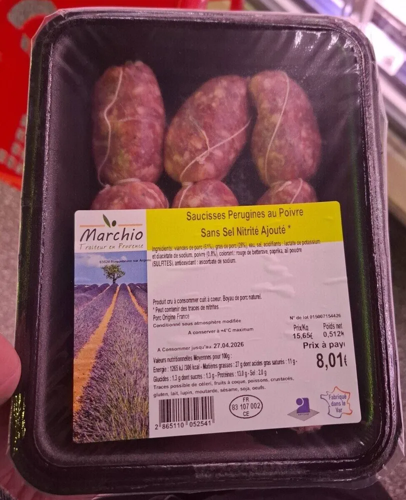 Saucisseq perugines au poivre sa s sel nitrité ajouté