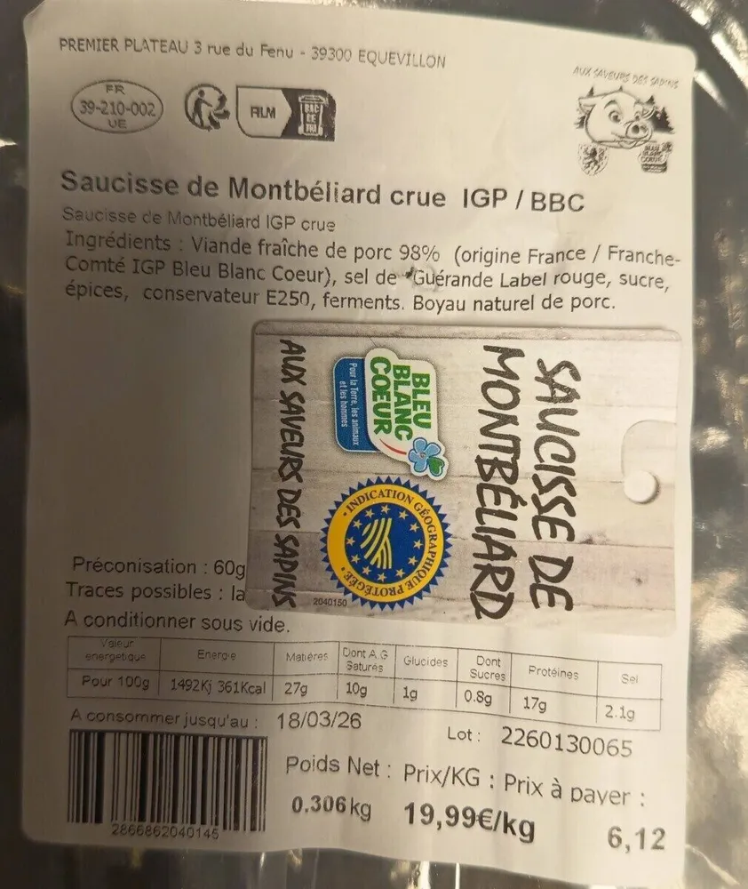 Saucisse de Montbéliard crue IGP / BBC