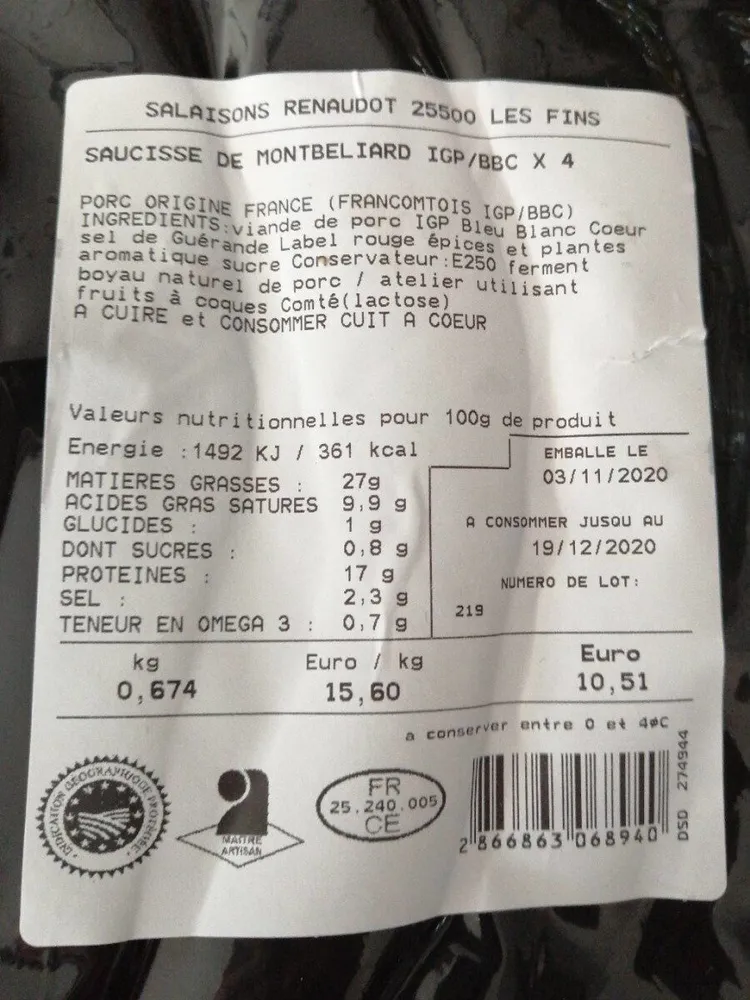 Saucisses de Montbéliard igp BBC