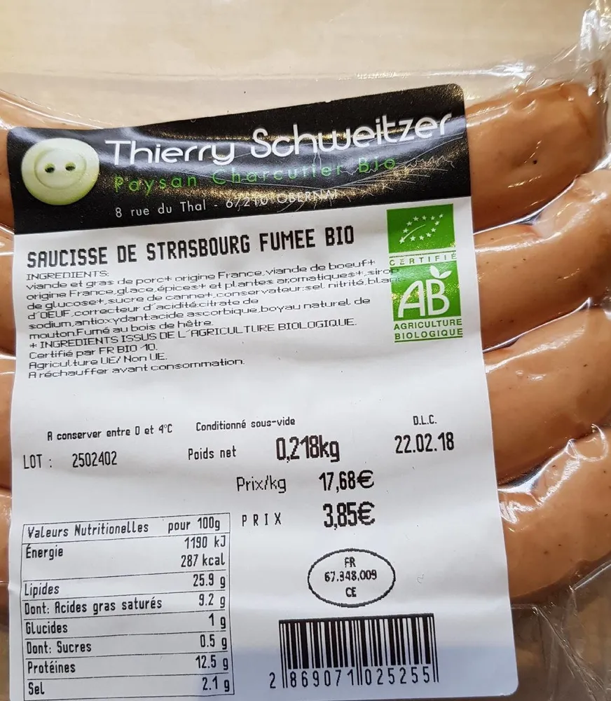 Saucisse de Strasbourg fumee bio