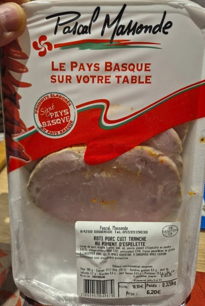 Rôti de porc cuit tranche au piment d’Espelette