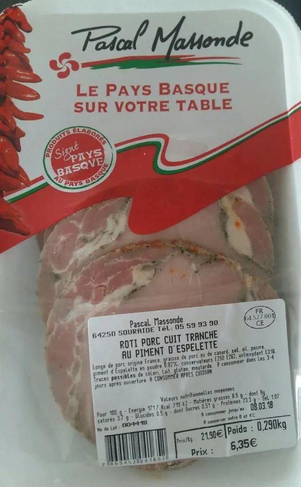 Rôti porc cuit au piment tranché d'espelette