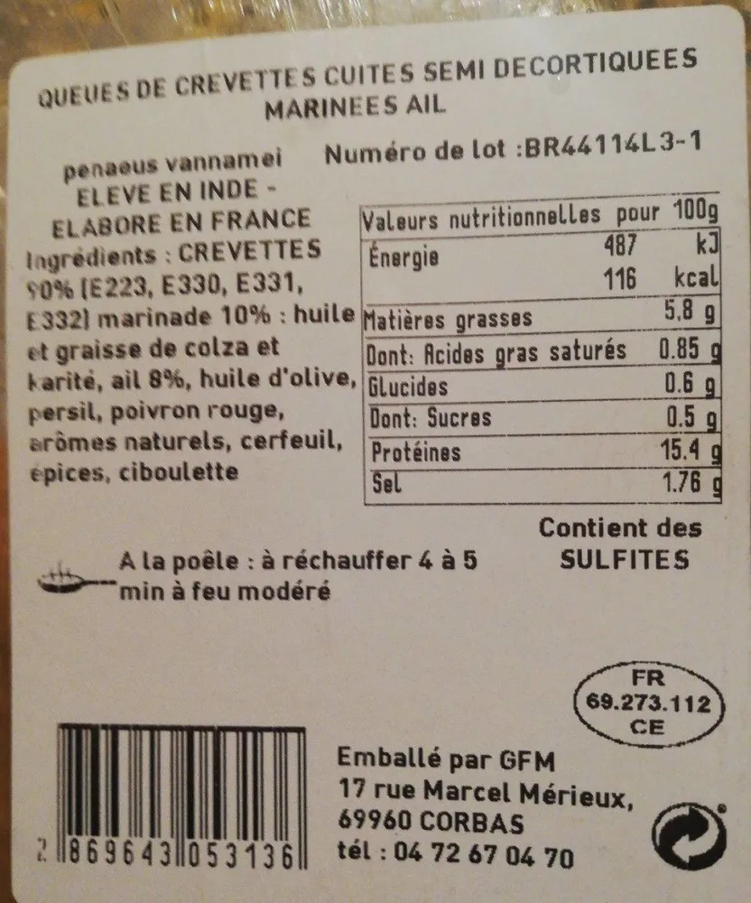 Queues de crevettes décortiquées marinés à l'ail