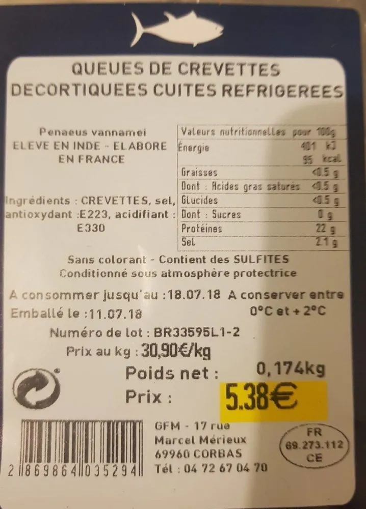 Queues de crevettes décortiquées cuites réfrigérées