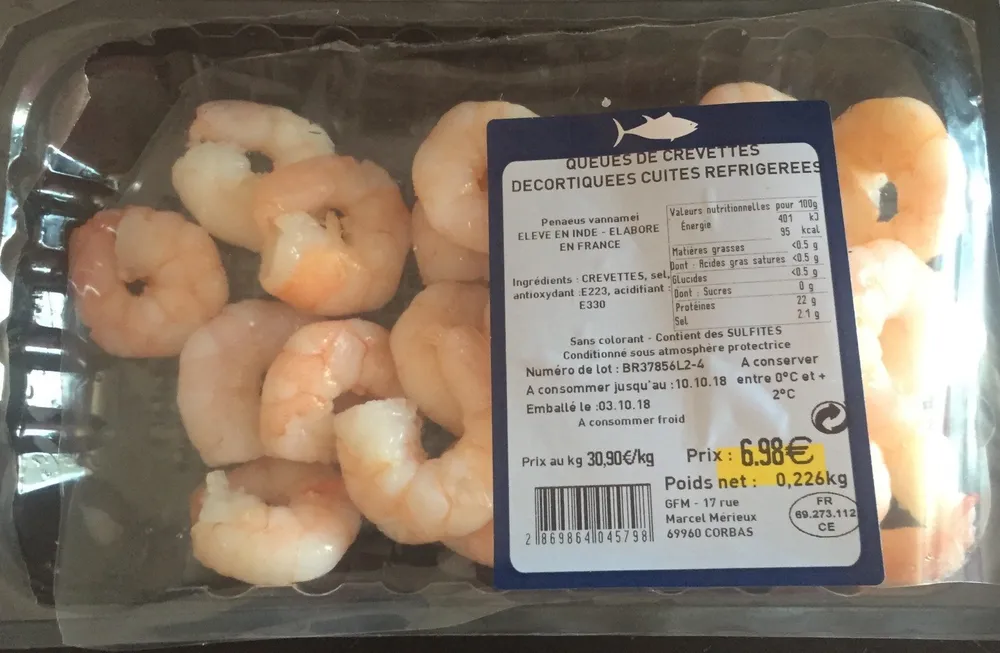 Queues de crevettes decortiquees