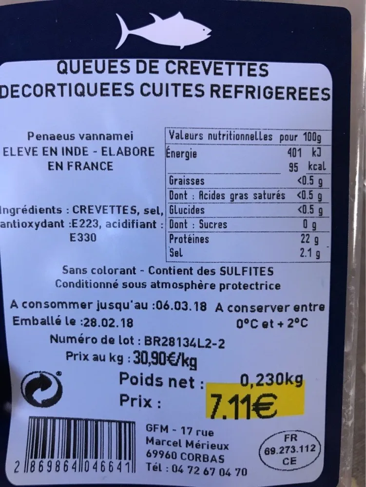 Queues de crevettes decortiquees cuites refrigerees
