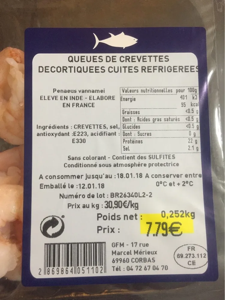 Queue de crevettes decortiquées cuites refrigerées