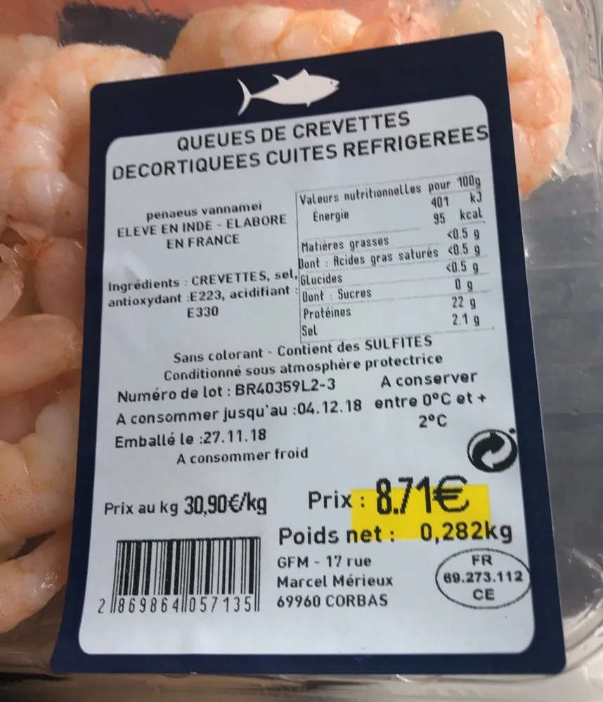 Queues de crevettes decortiquees cuites refrigerees