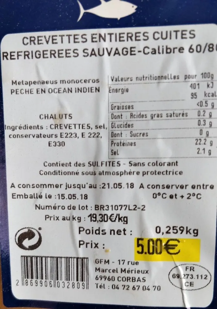 Crevettes entières cuites sauvages