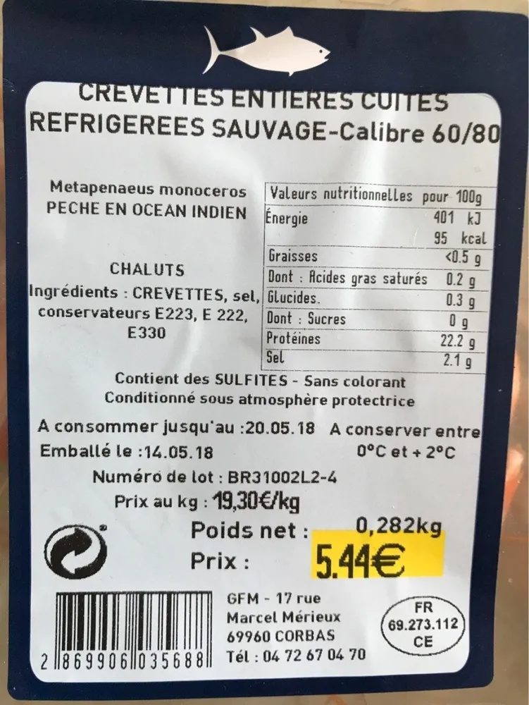 Crevettes entieres cuites refrigerees sauvages - Calibre 60/80