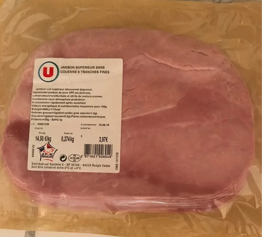 Jambon superieur sans couenne 6 tranches fines