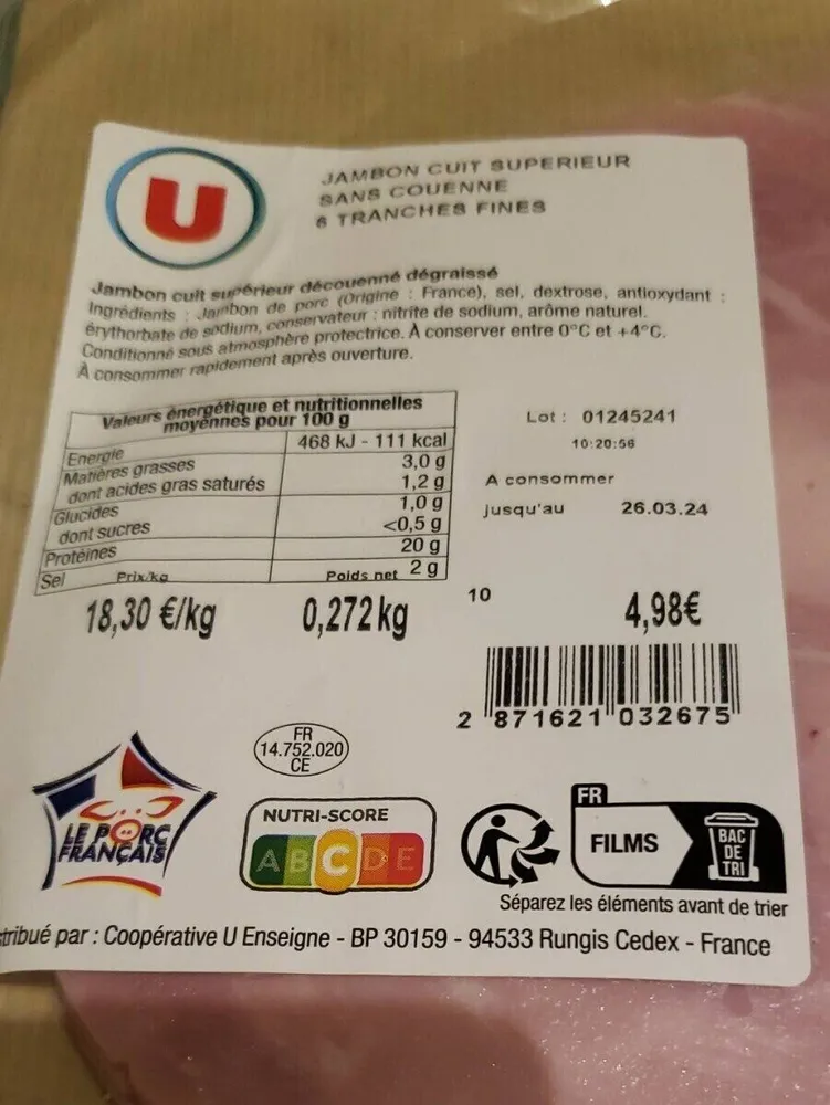 Jambon cuit supérieur sans couenne